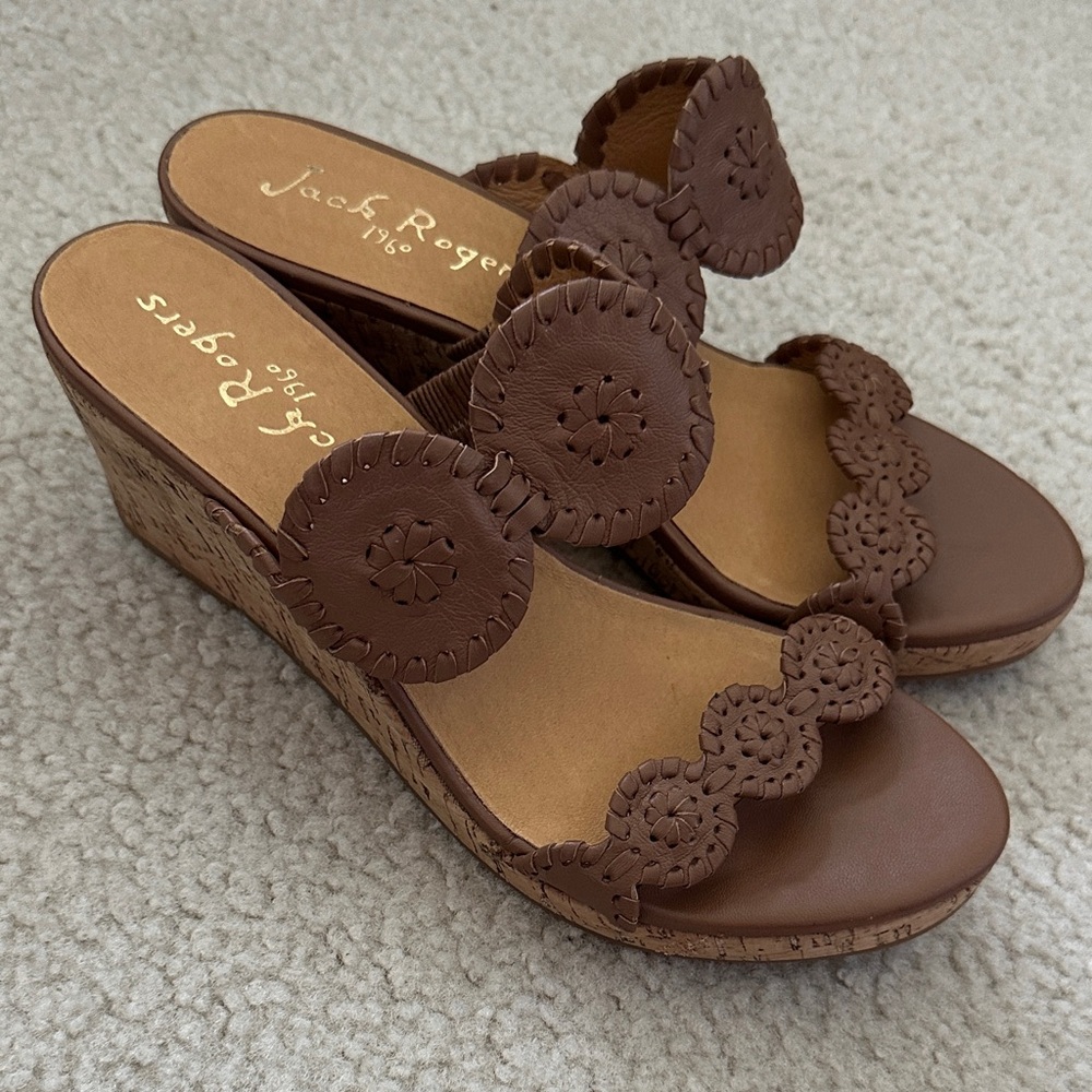 Jack Rogers Brown Leather Scalloped Wedge Sandals